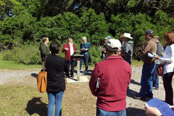 Tour group listening to guide